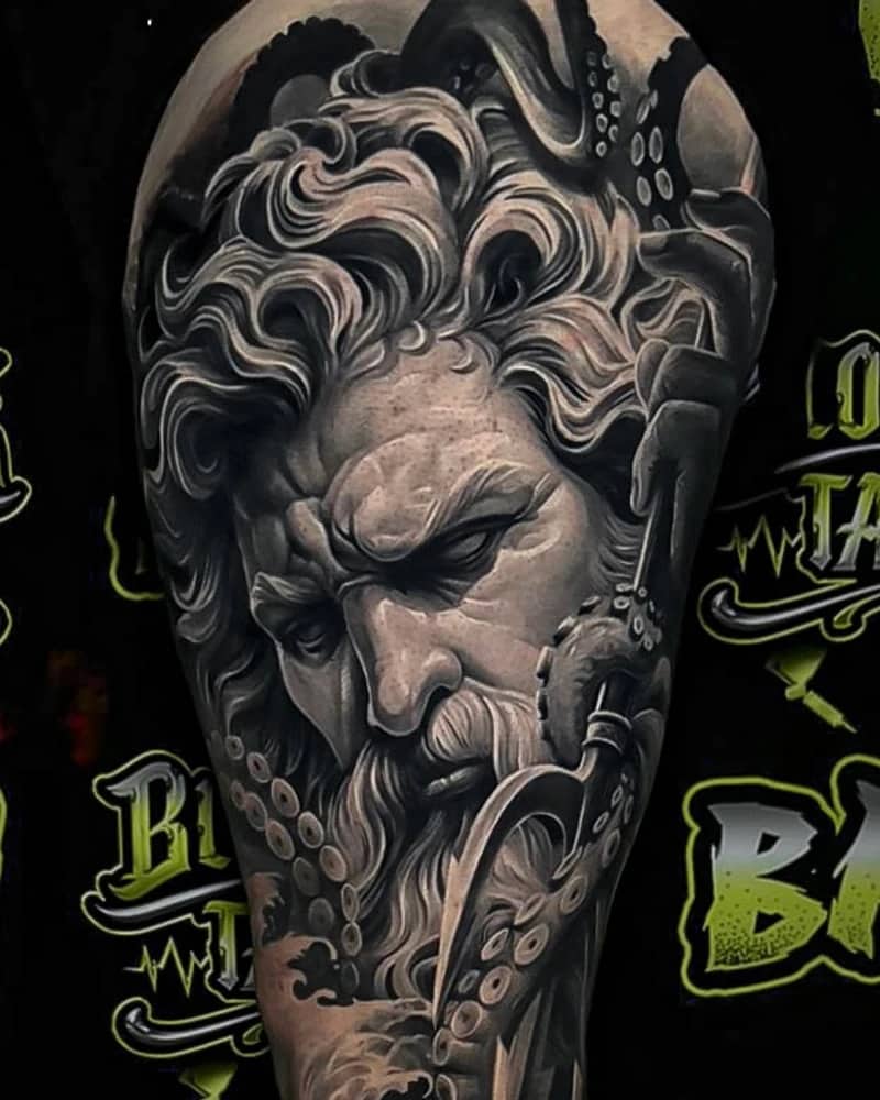 Healed black and grey wildlife full-leg sleeve with wolf, squirrel, and deer at Bloodline Tattoo Bali